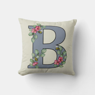 Coussin Lettre B Abeilles initiales décorées et fleurs