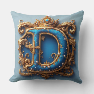 Coussin Lettre D bleue ornée