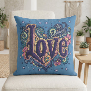 Coussin Lettre d'amour psychédélique boho avec des fleurs