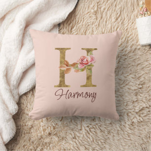 Coussin Lettre de nom personnalisée H Roses roses blush fe