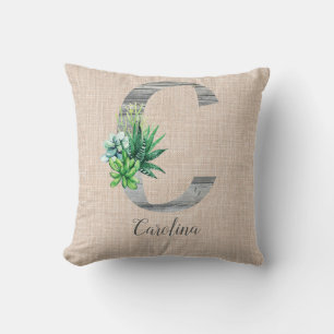 Coussin Lettre en bois de plage C & Succulents Personnalis