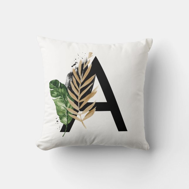 Coussin LETTRE Feuille Tropicale Faux Gold Foil A Monogram (Recto)