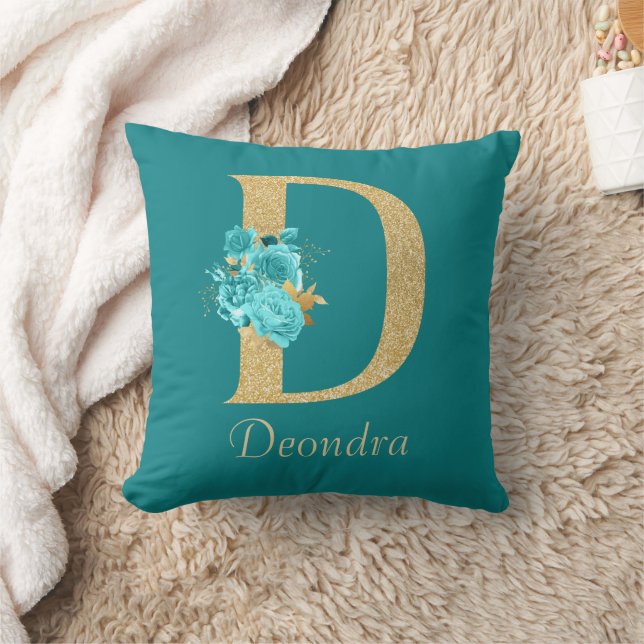 Coussin LETTRE Florale D JAUNE D Or & Aqua (Couverture)