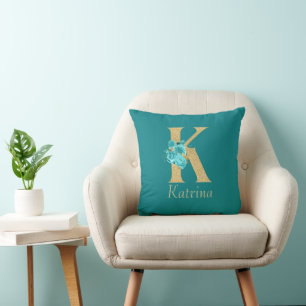 Coussin LETTRE Florale K JAUNE Or & Aqua fantaisie