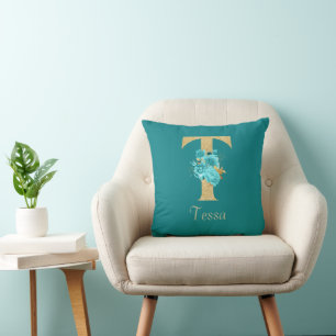 Coussin LETTRE Florale T JAUNE OR ET Aqua fantaisie