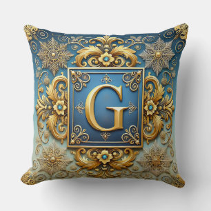 Coussin Lettre G dorée baroque style monogramme bleu ✨