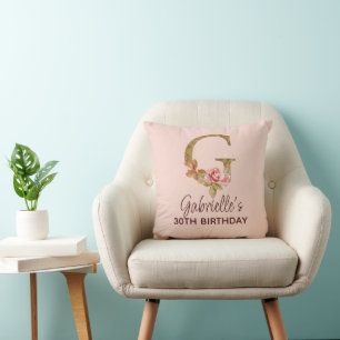 Coussin Lettre G Monogramme Or Roses Rose Pâle