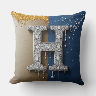 Coussin Lettre H Navy Or Peinture qui coule Perle Initiale
