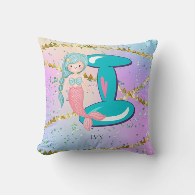 Coussin Lettre I Monogramme Aquarelle mignonne Sirène (Recto)