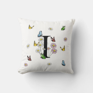 Coussin Lettre I Monogramme Papillon Floral Initiale