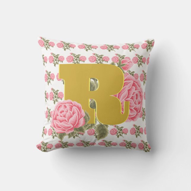 Coussin Lettre initiale du Rose floral Monogramme Nom Coup (Recto)
