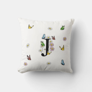 Coussin Lettre J Floral Papillon Monogramme initial