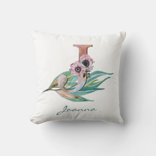 Coussin LETTRE J Florale Personnalisée Aquarelle Monogramm