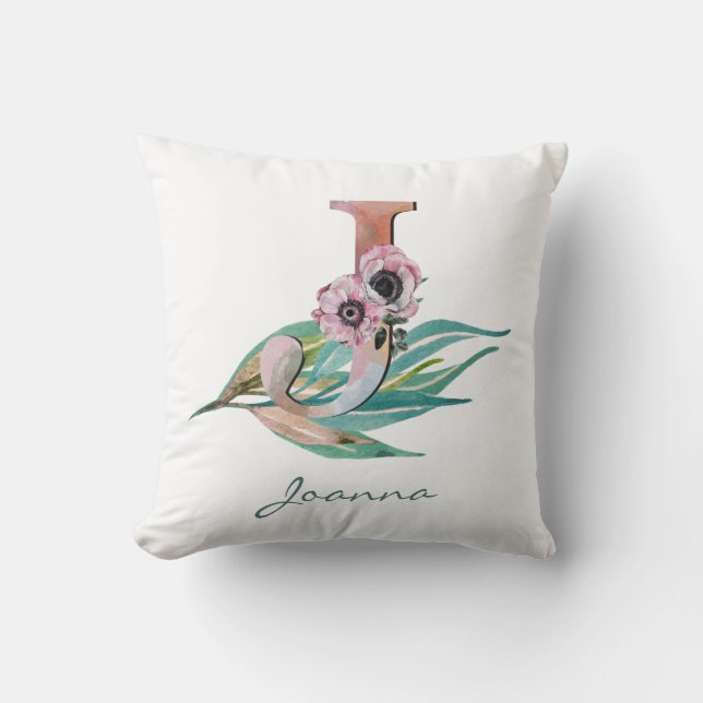 Coussin LETTRE J Florale Personnalisée Aquarelle Monogramm (Recto)