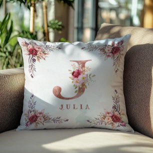 Coussin Lettre J Monogramme Floral Or Rose Personnalisé 