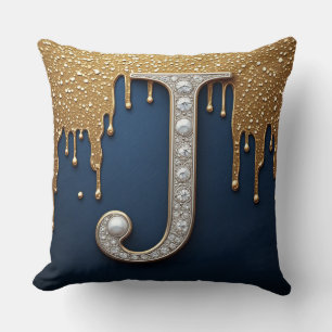 Coussin Lettre J monogramme or marine peinture qui goutte