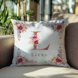 Coussin Lettre L Monogramme Floral Or Rose Personnalisée 