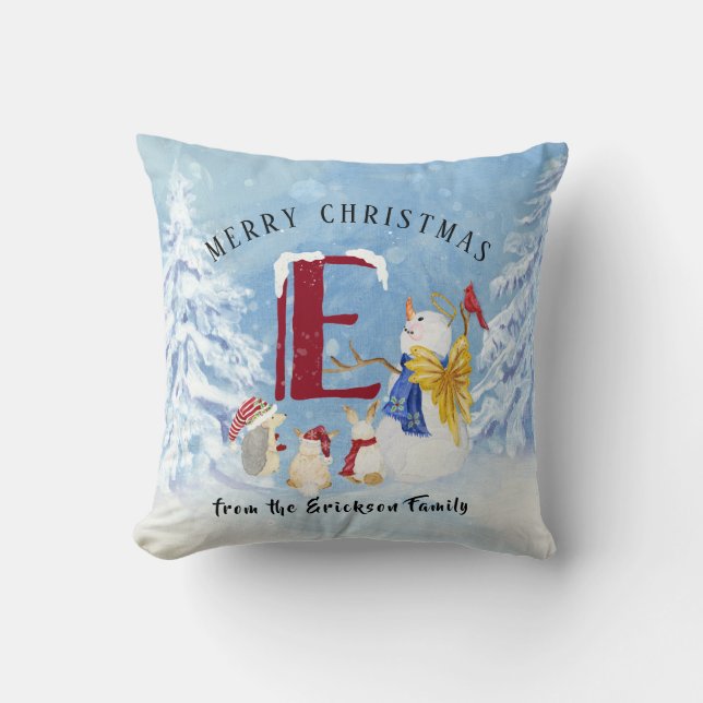 Coussin Lettre monogramme E Noël Snowman Angel Woodland (Recto)
