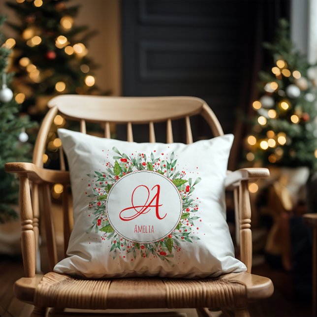 Coussin Lettre Monogramme élégante de Noël rouge (Créateur téléchargé)