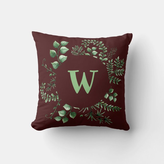 Coussin LETTRE Monogramme Vert feuillus initial Bourgogne (Recto)