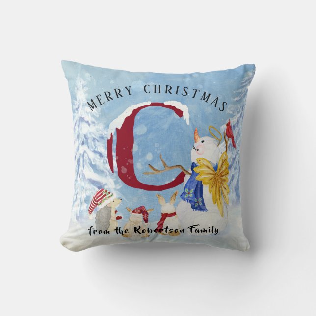 Coussin LETTRE MONOGRAPHIQUE C Snown Noël Angel Snowman (Recto)
