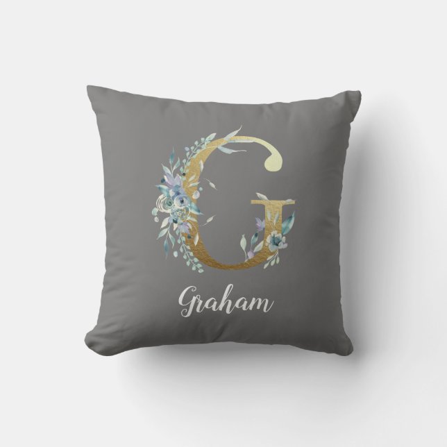 Coussin Lettre or florale G sur gris (Recto)