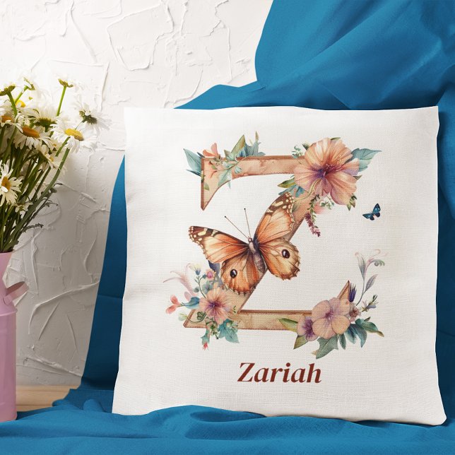 Coussin Lettre papillon floral Z personnalisée Monogramme (Créateur téléchargé)
