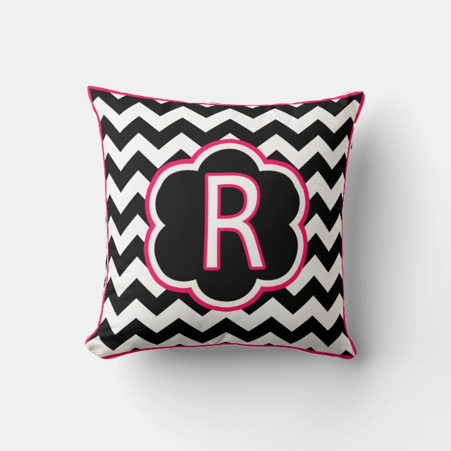 Coussin Lettre R Monogramme Chevron noir et blanc (Recto)