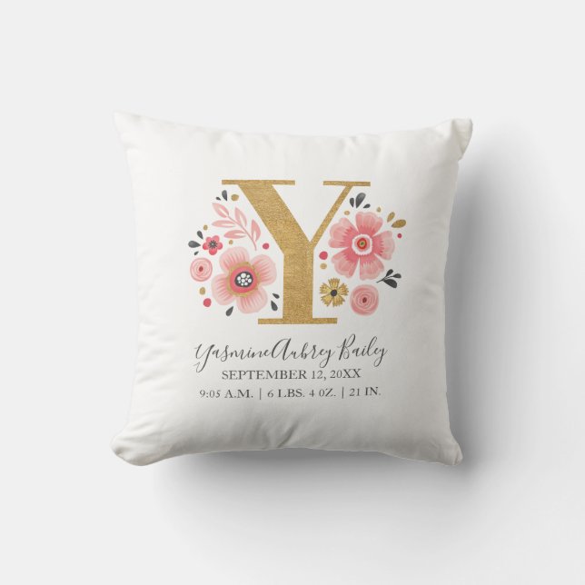Coussin LETTRE SITE DE NAISSANCE Y Pink Floral Monogramme  (Recto)