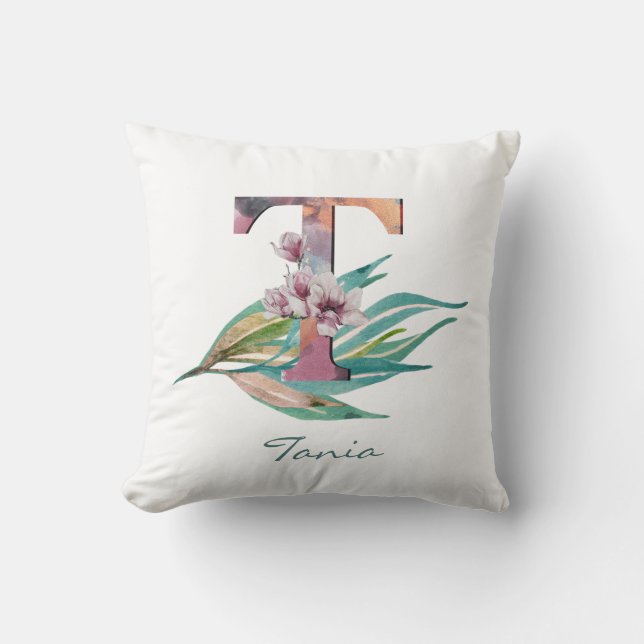 Coussin LETTRE T Florale personnalisée Aquarelle Monogramm (Recto)