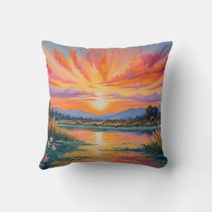 Coussin Lever de soleil à l'étang aquarelle