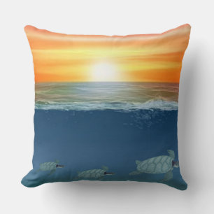Coussin Lever de soleil sur l'océan et tortues nageant