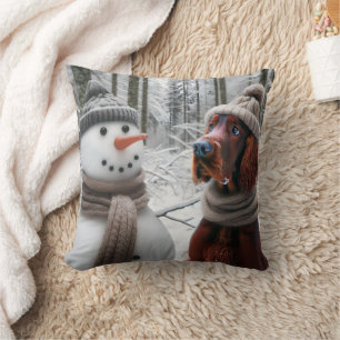 Coussin Lévrier Irlandais Rouge Avec un Bonhomme de Neige