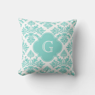 Coussin Lg Aqua Floral Damassé #3 Aqua Quatrefeuille Monog
