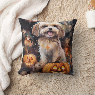 Coussin Lhasa Apso Halloween avec citrouilles effrayantes