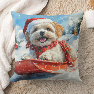 Coussin Lhassa Apso Dog in Sledge Let it Neige Noël