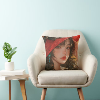 Coussin L'Heure du Crimson : Femme Casquette rouge Jetant 