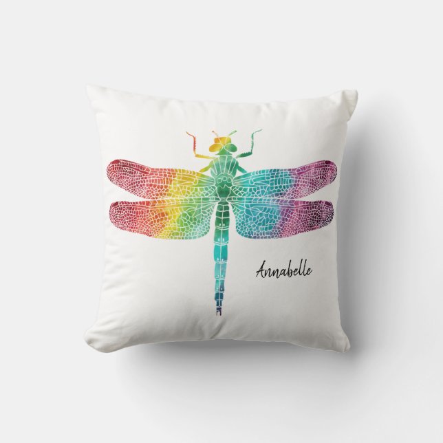 Coussin Libellule d'aquarelle d'arc-en-ciel personnalisée (Recto)