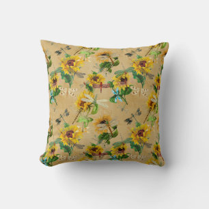 Coussin Libellules et Tournesols Jaune Vert Brun