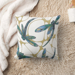 Coussin Libellules sarcelle et émeraude sur une groove jau