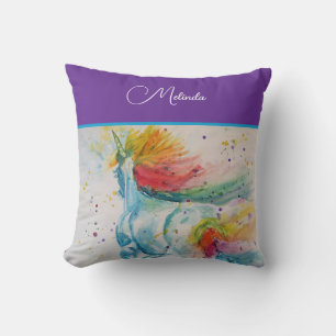 Coussin Licorne Arc-en-ciel Anniversaire Filles Aquarelle