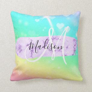 Coussin Licorne Arc-en-Ciel Cœurs Monogramme Coloré Fémini