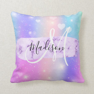 Coussin Licorne Arc-en-Ciel Cœurs Monogramme Coloré Fémini