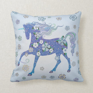Coussin Licorne bleu-clair en fleurs