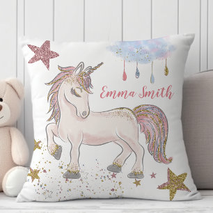 Coussin Licorne Étoiles Magiques Paillettes Monogramme Nom