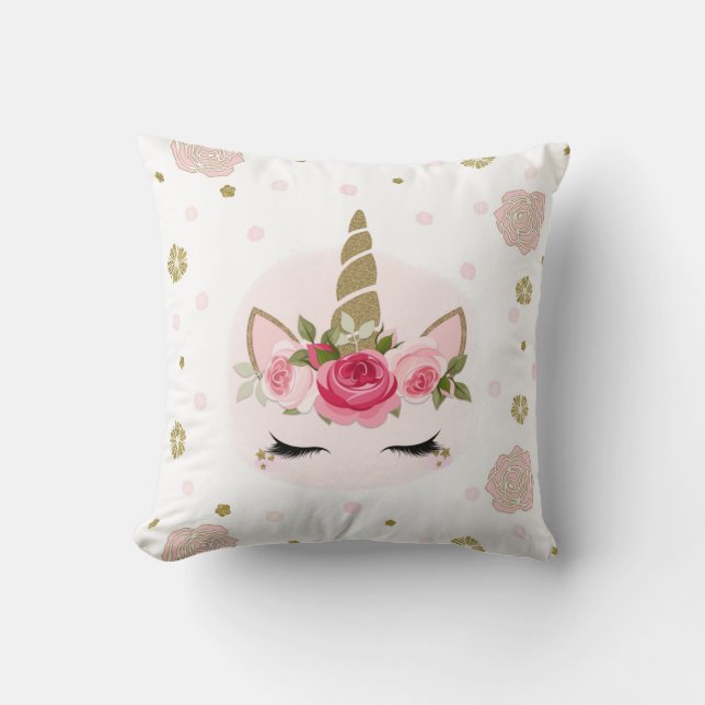 Coussin Licorne Fleur Or & Rose Fleurit Tendance Mignonne (Recto)