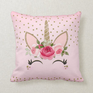 Coussin Licorne Fleurale Rose et Paillettes Dorées