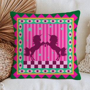 Coussin Licornes & Mauvais Œil Vert & Rose Fantaisie Art P