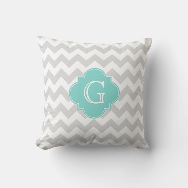 Coussin Light Gray White Chevron Aqua Quatrefoil monogram (Recto)