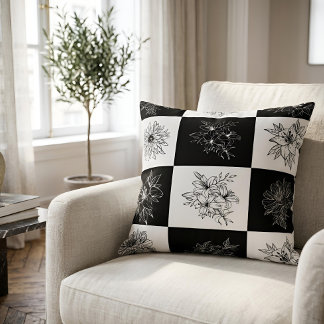 Coussin Ligne botanique chic damier noir et blanc